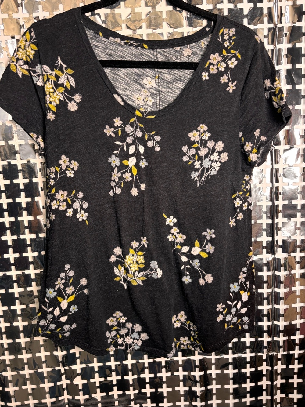 LOFT Black V-Neck Short Sleeve Tee with White and Yellow Floral Print